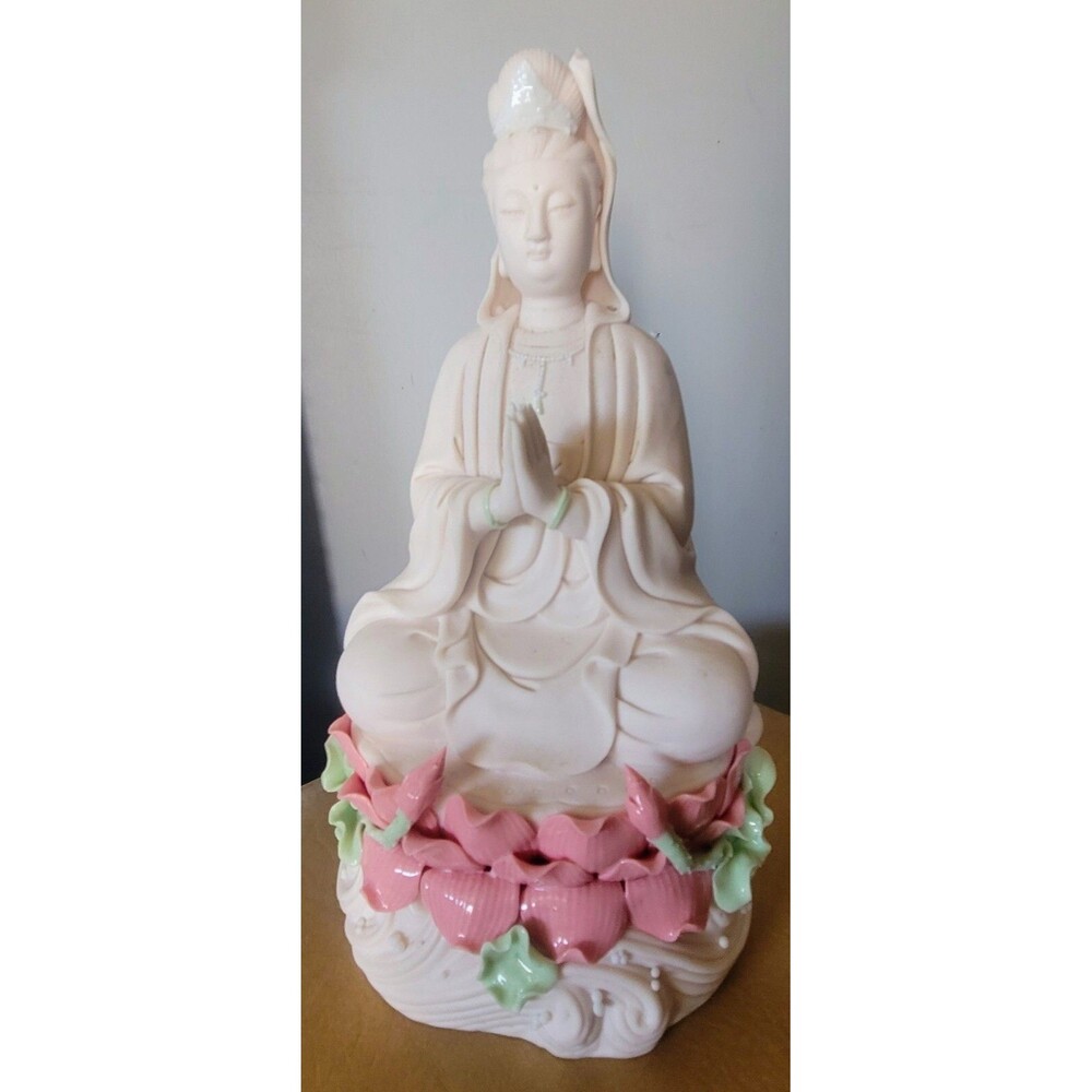 Vintage Quan Yin Porcelain Chinese Statue Figurine with Pink Accents